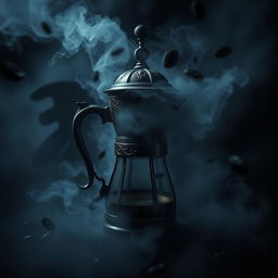 A mysterious and gloomy coffee maker shrouded in a swirling fog, set against a dark, moody backdrop