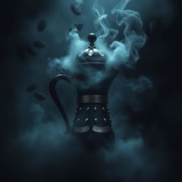 A mysterious and gloomy coffee maker shrouded in a swirling fog, set against a dark, moody backdrop