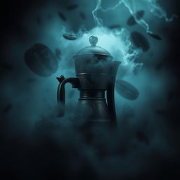 A mysterious and gloomy coffee maker shrouded in a swirling fog, set against a dark, moody backdrop