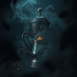 A mysterious and gloomy coffee maker shrouded in a swirling fog, set against a dark, moody backdrop