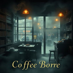 A captivating book cover design featuring a mysterious and gloomy coffee shop shrouded in fog