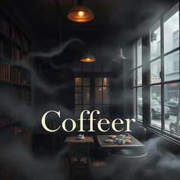 A captivating book cover design featuring a mysterious and gloomy coffee shop shrouded in fog