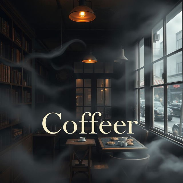 A captivating book cover design featuring a mysterious and gloomy coffee shop shrouded in fog