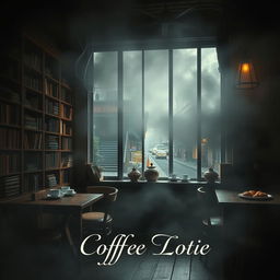 A captivating book cover design featuring a mysterious and gloomy coffee shop shrouded in fog
