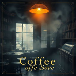 A captivating book cover design featuring a mysterious and gloomy coffee shop shrouded in fog