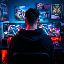 A portrait of a man seated at a gaming desk, viewed from the back