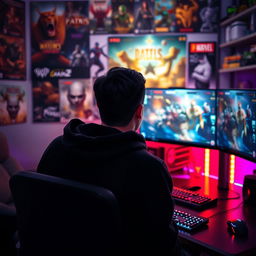A portrait of a man seated at a gaming desk, viewed from the back