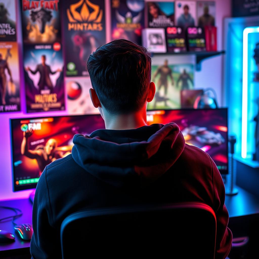 A portrait of a man seated at a gaming desk, viewed from the back