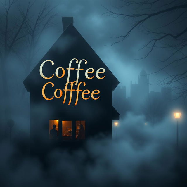 A book cover design featuring a cozy coffee shop shrouded in mystery