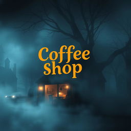 A book cover design featuring a cozy coffee shop shrouded in mystery