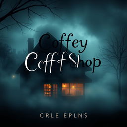 A book cover design featuring a cozy coffee shop shrouded in mystery