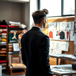 A portrait from the back of a male designer standing in a modern studio filled with design materials and sketches