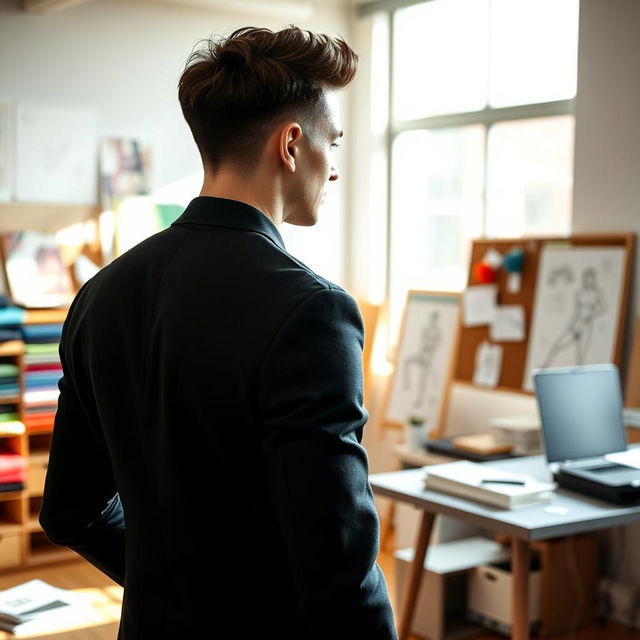 A portrait from the back of a male designer standing in a modern studio filled with design materials and sketches