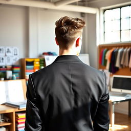 A portrait from the back of a male designer standing in a modern studio filled with design materials and sketches