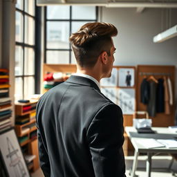 A portrait from the back of a male designer standing in a modern studio filled with design materials and sketches