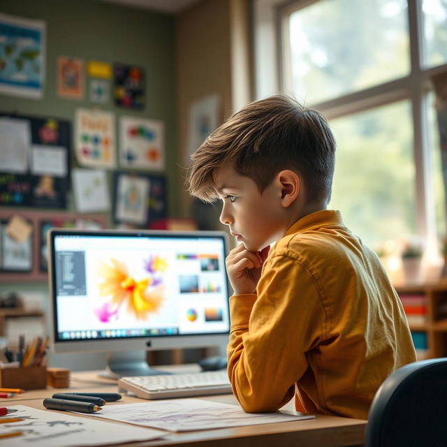 A young boy concentrating intently as he works on computer design in a classroom setting, sitting in the back of a room filled with creative posters and art supplies