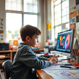 A young boy concentrating intently as he works on computer design in a classroom setting, sitting in the back of a room filled with creative posters and art supplies