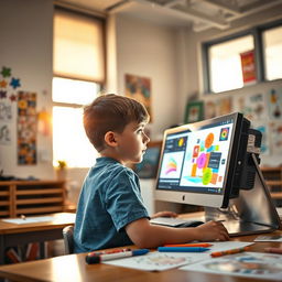 A young boy concentrating intently as he works on computer design in a classroom setting, sitting in the back of a room filled with creative posters and art supplies
