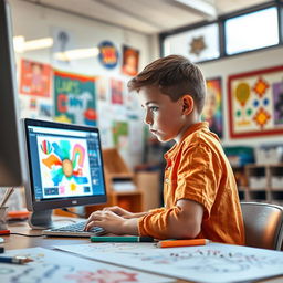 A young boy concentrating intently as he works on computer design in a classroom setting, sitting in the back of a room filled with creative posters and art supplies