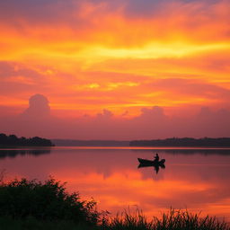 A serene sunset over a tranquil lake, reflecting vibrant colors of orange, pink, and purple
