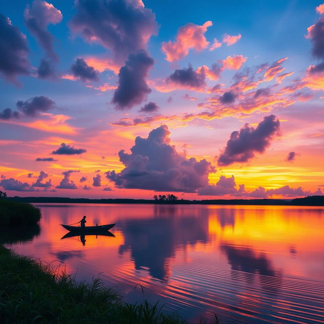 A serene sunset over a tranquil lake, reflecting vibrant colors of orange, pink, and purple