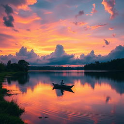 A serene sunset over a tranquil lake, reflecting vibrant colors of orange, pink, and purple