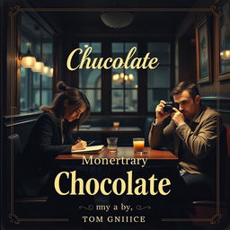 A mysterious vintage chocolate-themed book cover design featuring a cozy cafe setting