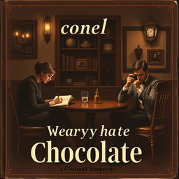A mysterious vintage chocolate-themed book cover design featuring a cozy cafe setting