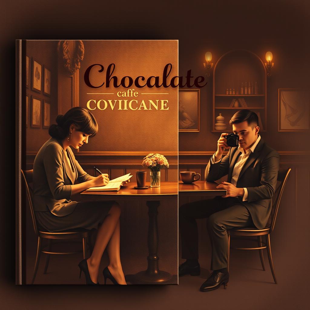 A mysterious vintage chocolate-themed book cover design featuring a cozy cafe setting