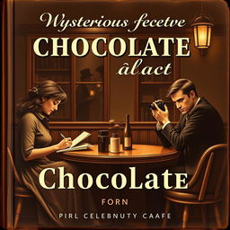 A mysterious vintage chocolate-themed book cover design featuring a cozy cafe setting