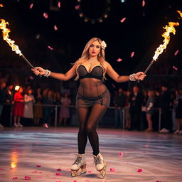 A full length photograph of a captivating 18-year-old girl with a thin face and a plump, curvy figure, featuring long blonde hair and large round soft breasts, a soft round belly, ultra-wide soft fat round hips, large fat round thighs, and thick round legs