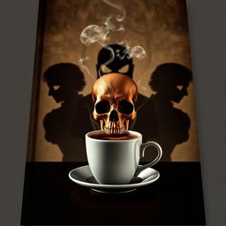 A visually striking book cover featuring a coffee cup with intricate steam forming a skull above it, giving a dark and mysterious vibe
