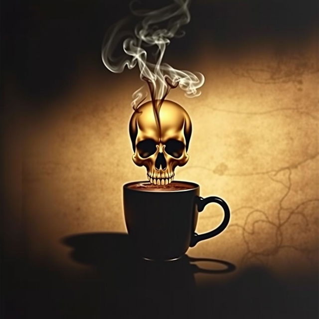 A visually striking book cover featuring a coffee cup with intricate steam forming a skull above it, giving a dark and mysterious vibe