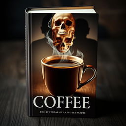 A captivating book cover featuring a steaming cup of coffee with a skull formed from smoke hovering above it