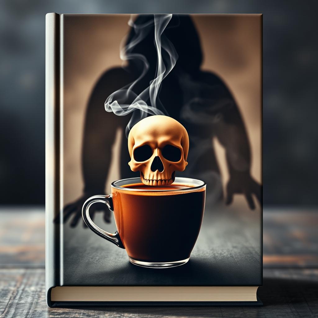 A captivating book cover featuring a steaming cup of coffee with a skull formed from smoke hovering above it