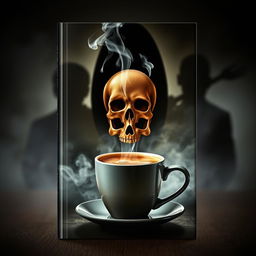 A captivating book cover featuring a steaming cup of coffee with a skull formed from smoke hovering above it