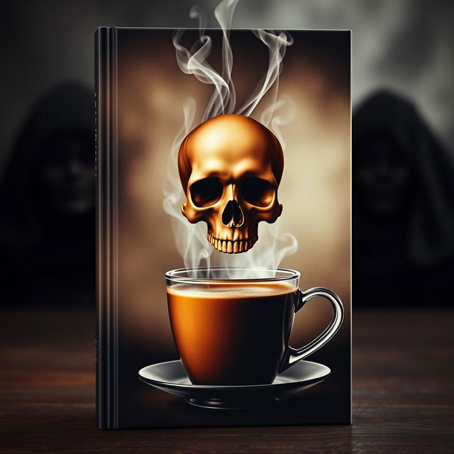 A captivating book cover featuring a steaming cup of coffee with a skull formed from smoke hovering above it