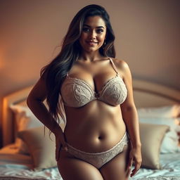 A young woman with a curvy figure and large breasts, wearing elegant and stylish lingerie