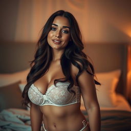 A young woman with a curvy figure and large breasts, wearing elegant and stylish lingerie