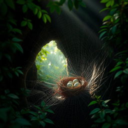 A cave entrance covered with dense spider webs, creating an intricate natural design