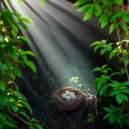 A cave entrance covered with dense spider webs, creating an intricate natural design