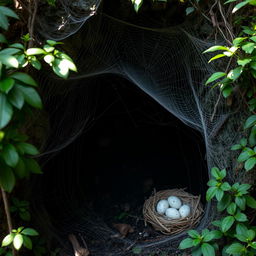 A cave entrance covered with dense spider webs, creating an intricate natural design