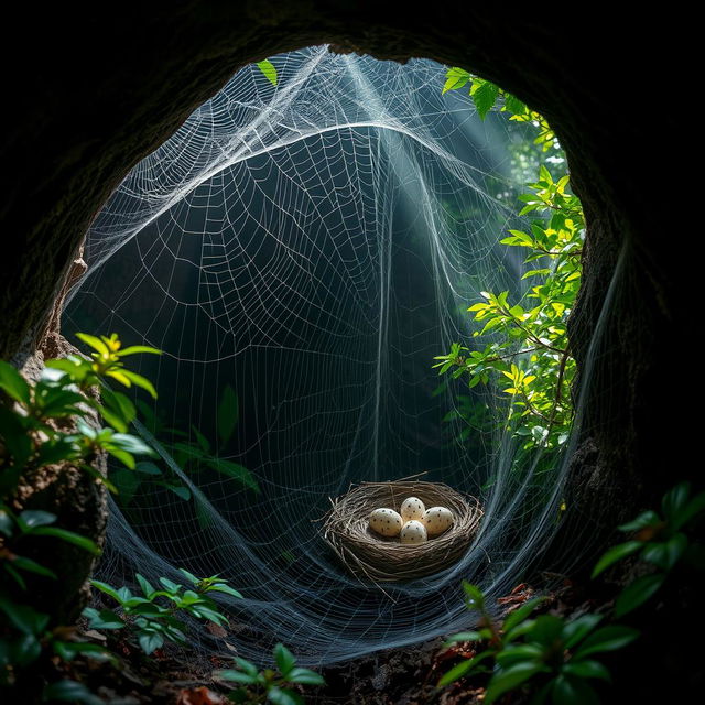 A cave entrance covered with dense spider webs, creating an intricate natural design