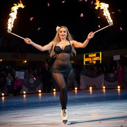 A full length photograph of a stunning 18-year-old girl with a thin face and a plump, curvy figure, including long blonde hair, large round soft breasts, a soft round belly, ultra-wide soft fat round hips, large fat round thighs, and thick round legs