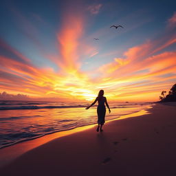 A beautiful sunset over a serene beach with soft, colorful clouds reflecting vivid hues of orange, pink, and purple on the water