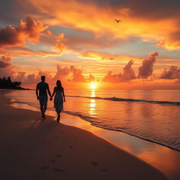 A beautiful sunset over a serene beach with soft, colorful clouds reflecting vivid hues of orange, pink, and purple on the water