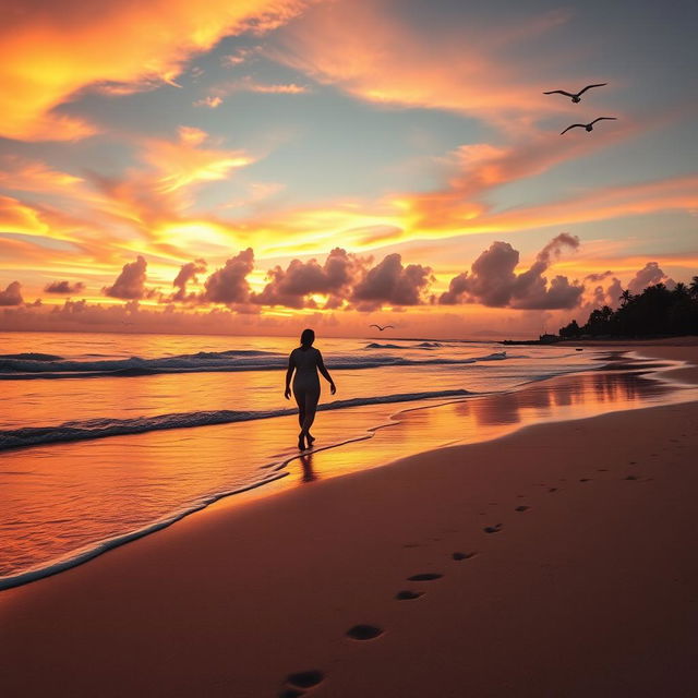 A beautiful sunset over a serene beach with soft, colorful clouds reflecting vivid hues of orange, pink, and purple on the water