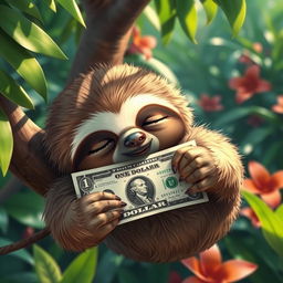 An adorable sloth sleeping peacefully, holding a one-dollar bill tenderly in its hands