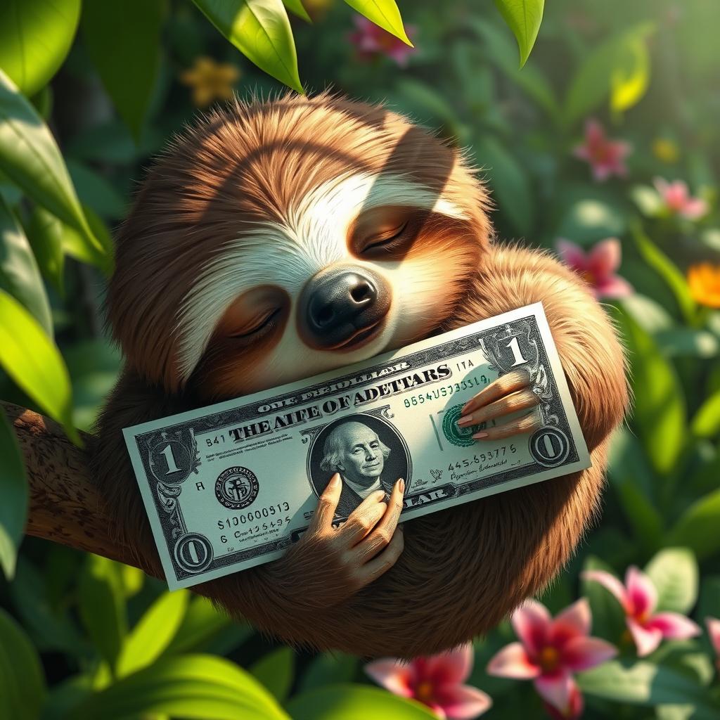 An adorable sloth sleeping peacefully, holding a one-dollar bill tenderly in its hands