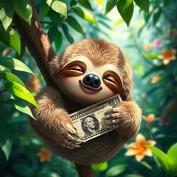 An adorable sloth sleeping peacefully, holding a one-dollar bill tenderly in its hands